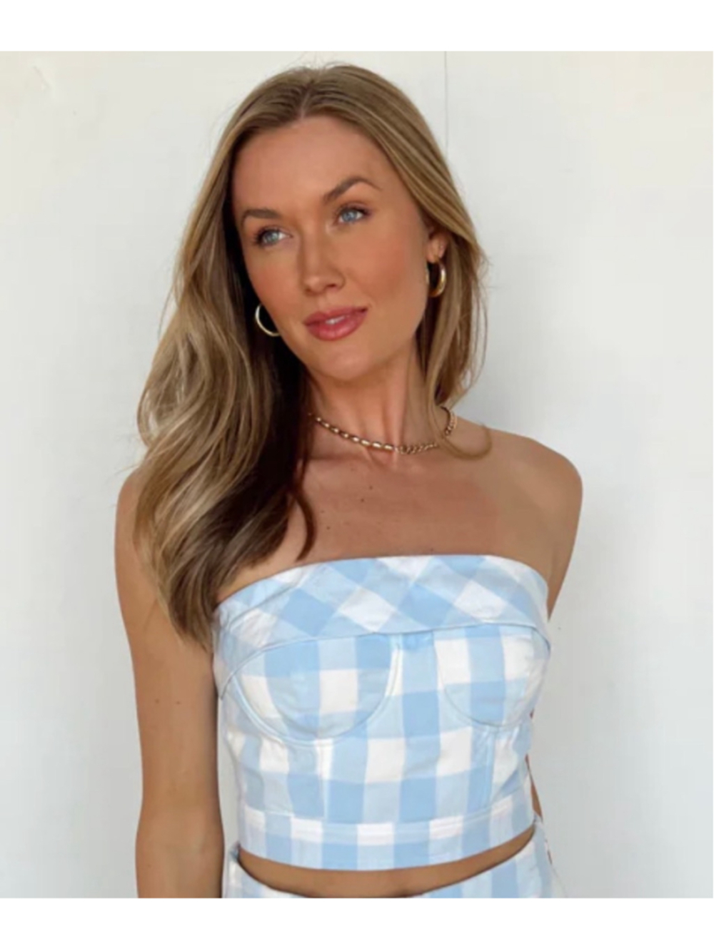 Women's Vestique Blue White Gingham Bandeau Top L
